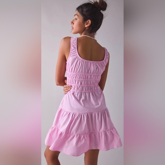 UO Glamorous Candy Pink Cotton Poplin Ruched Mini Dress - Picture 2 of 5